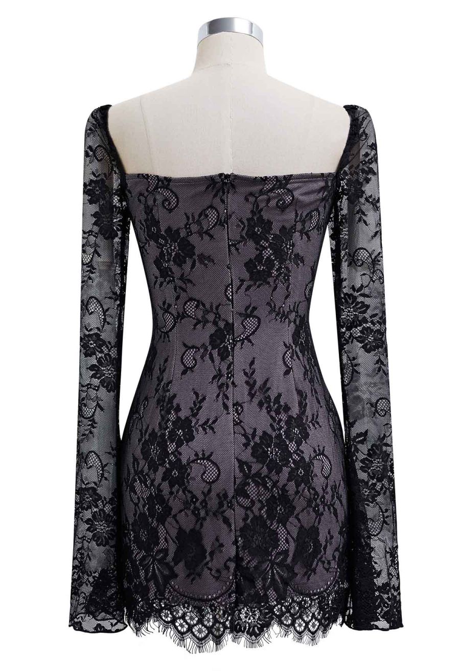 Floral Lace Overlay Flare Cuff Mini Dress
