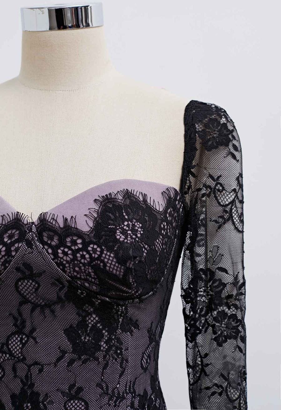 Floral Lace Overlay Flare Cuff Mini Dress