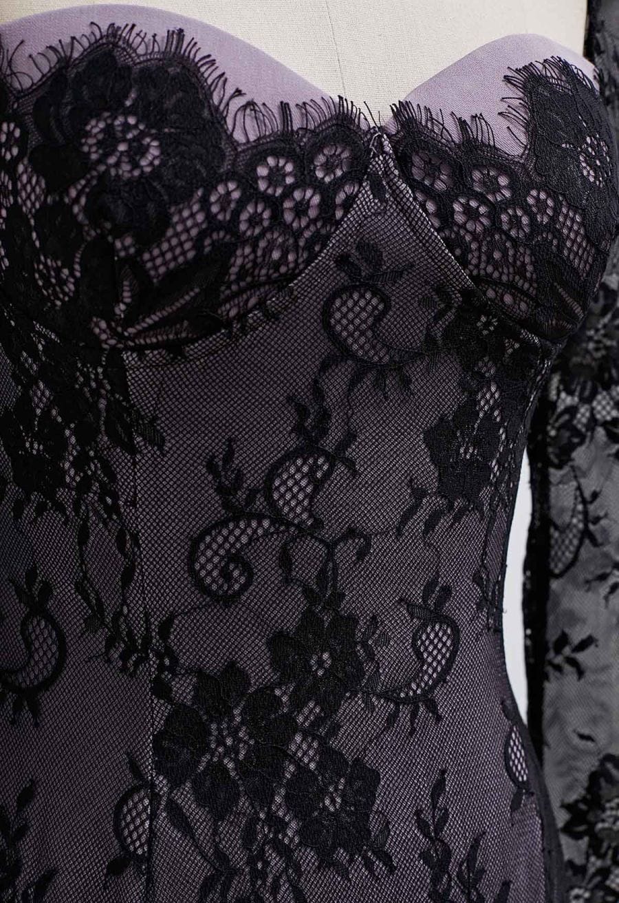 Floral Lace Overlay Flare Cuff Mini Dress