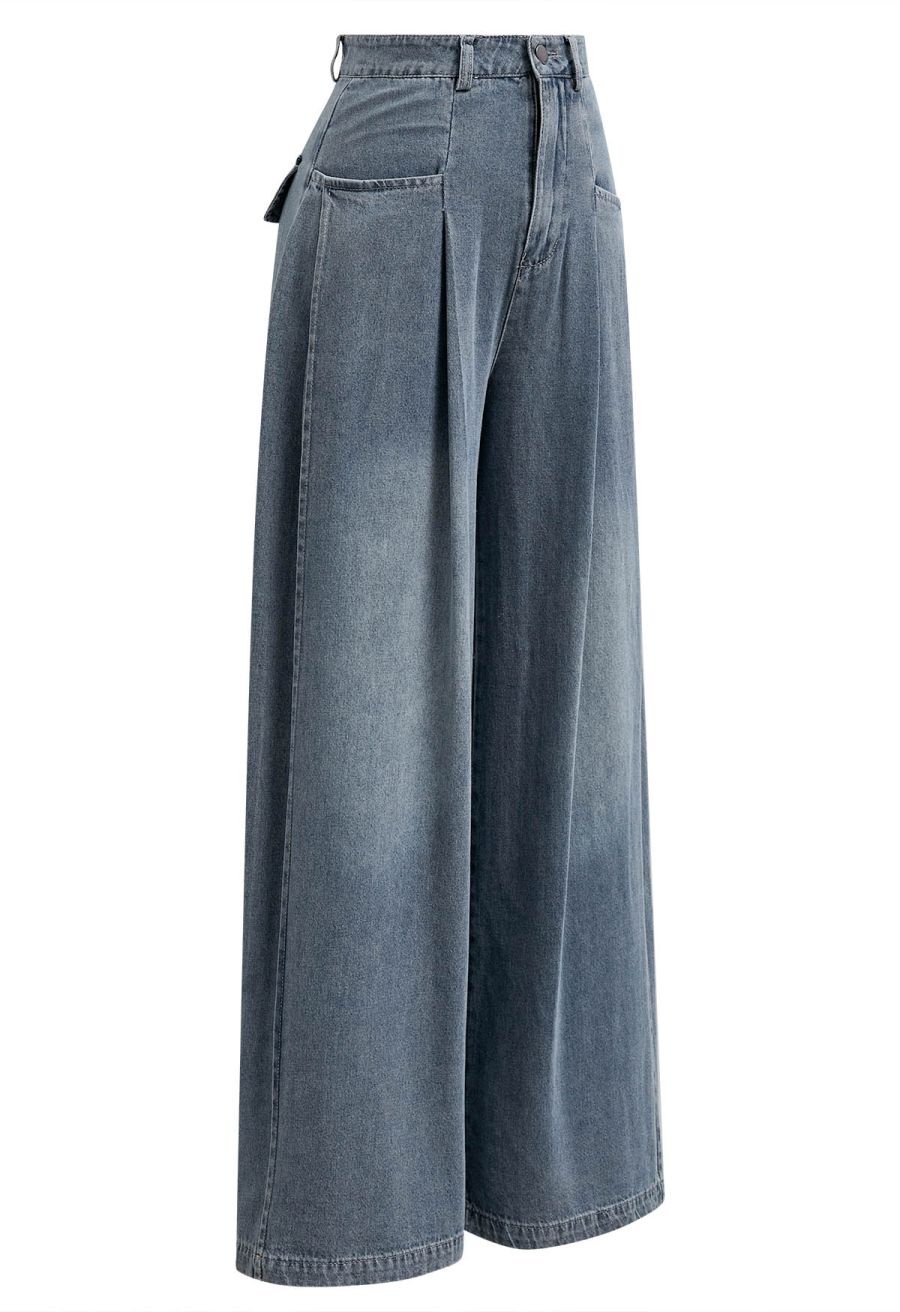 Patch Pocket Wide-Leg Wash Denim Jeans
