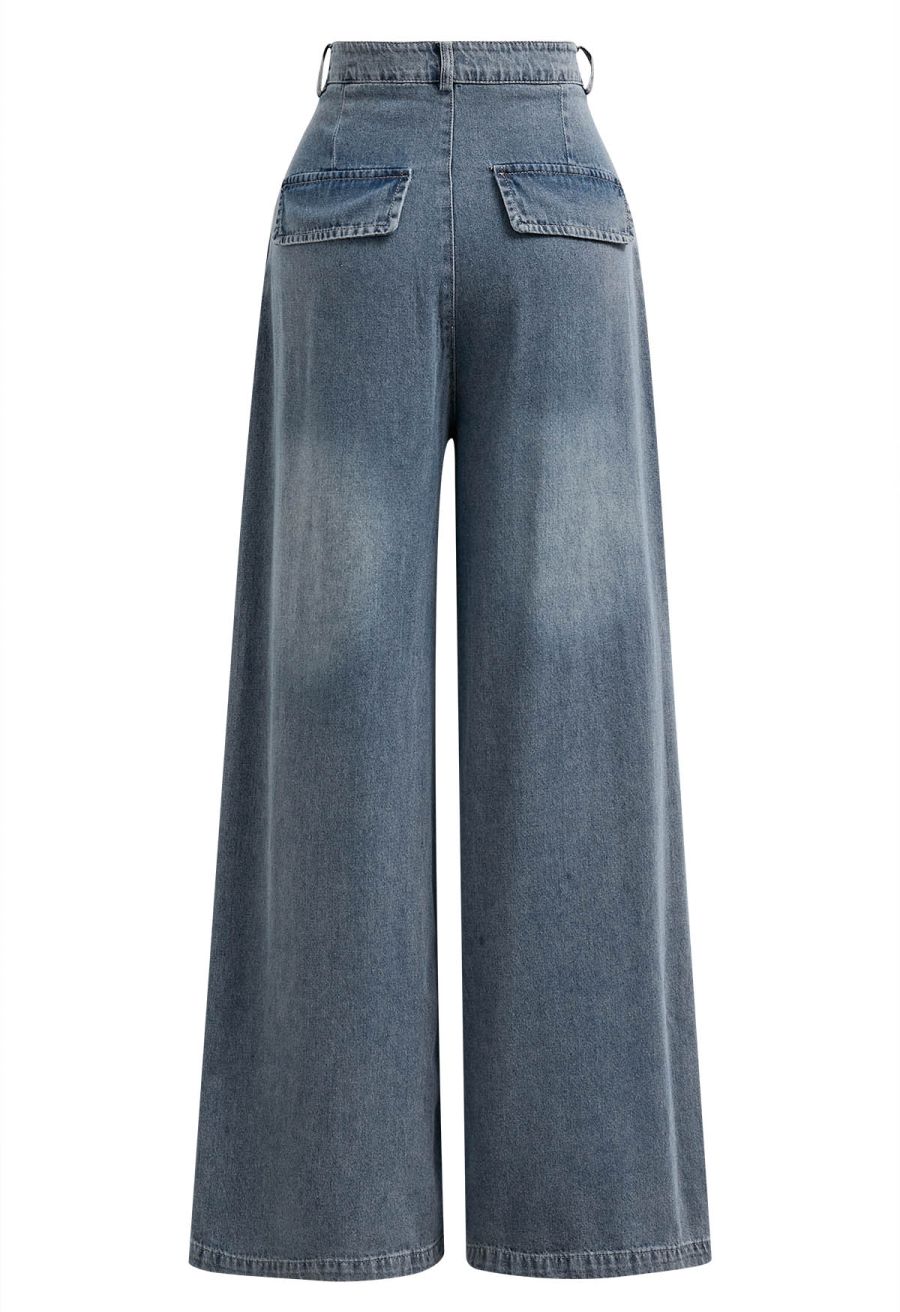 Patch Pocket Wide-Leg Wash Denim Jeans