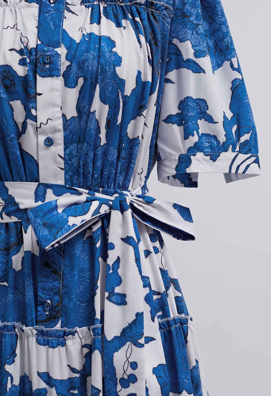 Blue Floral Puff Sleeve Buttoned Cotton Midi Dress