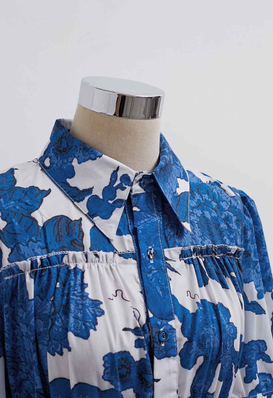 Blue Floral Puff Sleeve Buttoned Cotton Midi Dress