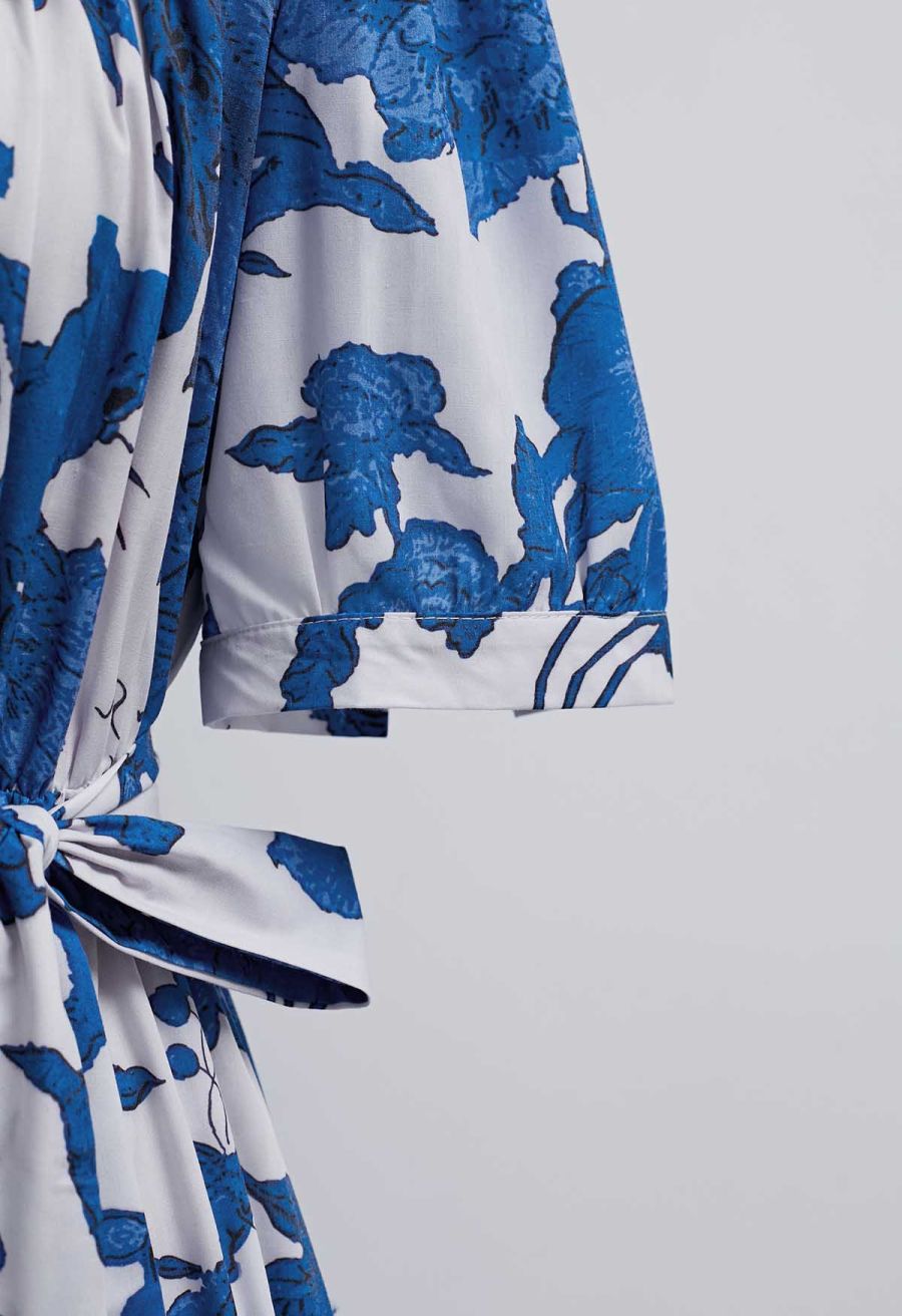 Blue Floral Puff Sleeve Buttoned Cotton Midi Dress