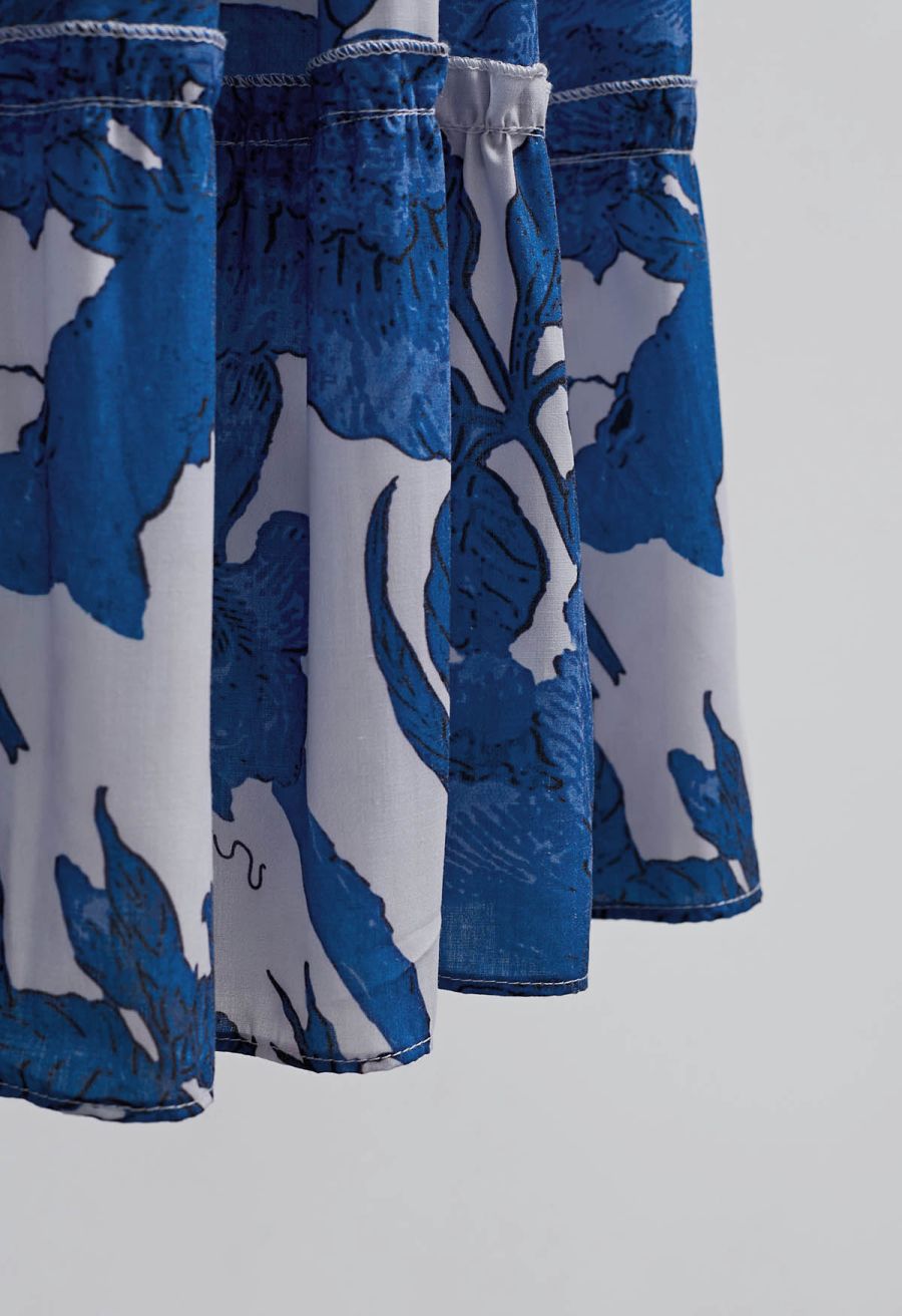 Blue Floral Puff Sleeve Buttoned Cotton Midi Dress