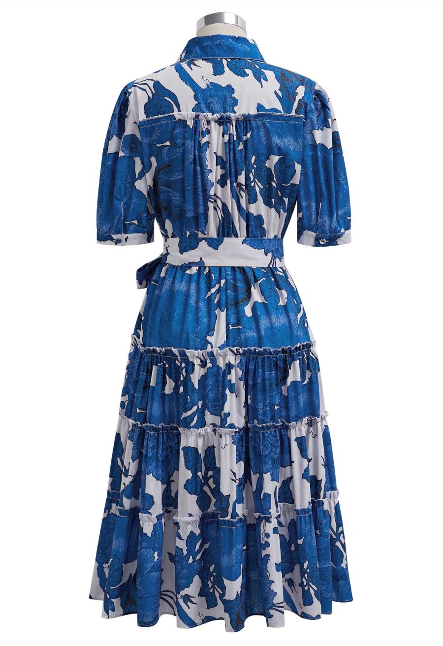 Blue Floral Puff Sleeve Buttoned Cotton Midi Dress