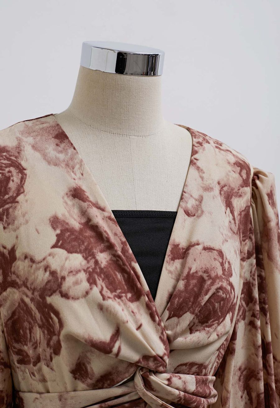 Rose Printed Self-Tie Knot Midi Dress