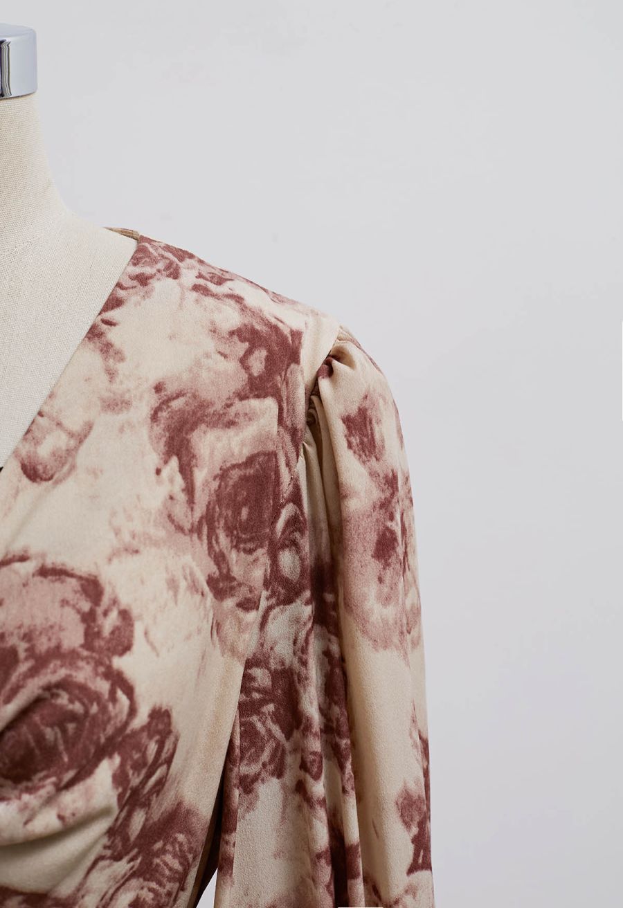 Rose Printed Self-Tie Knot Midi Dress