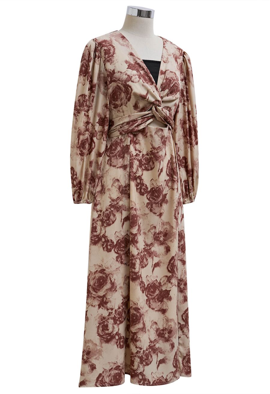 Rose Printed Self-Tie Knot Midi Dress