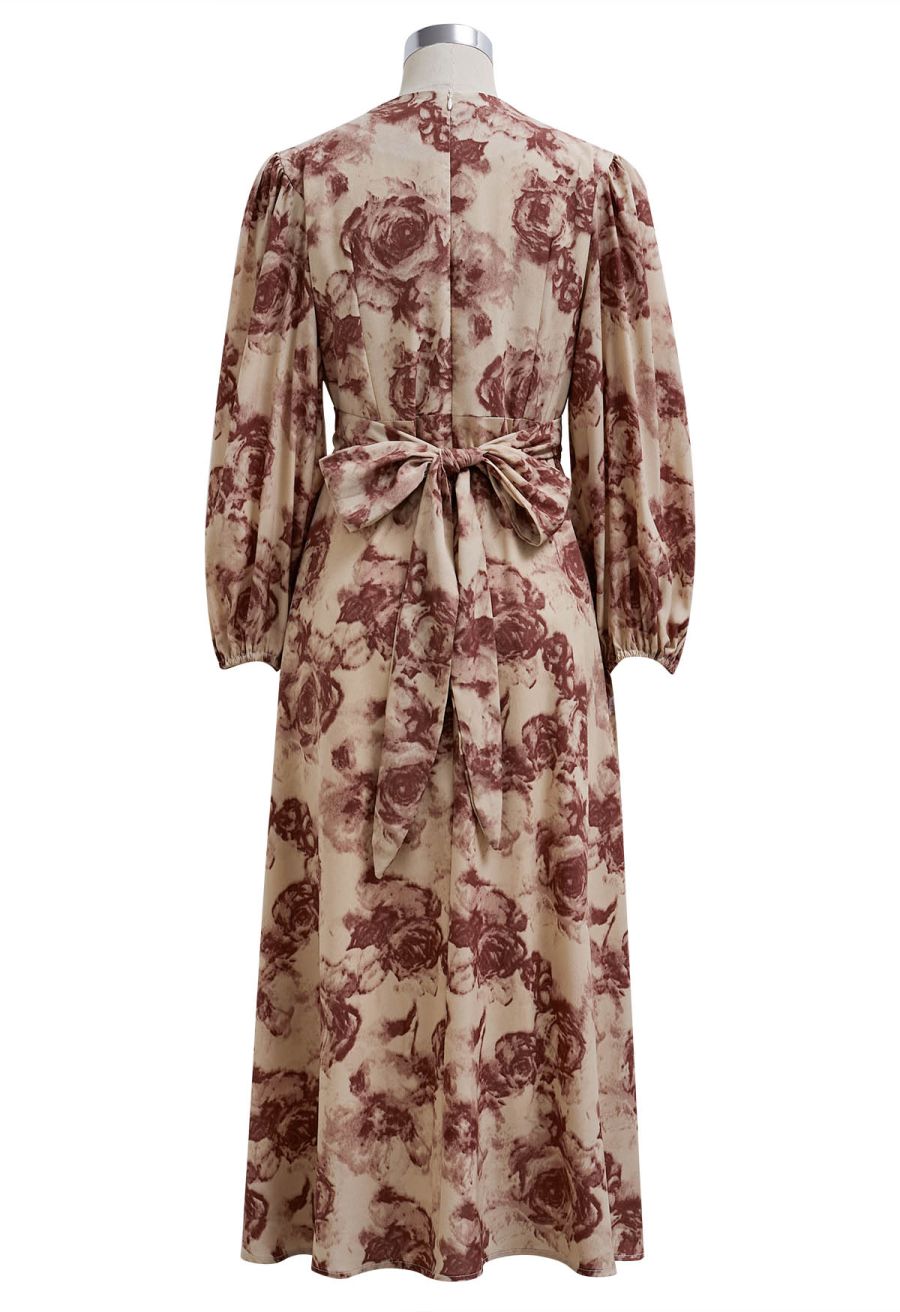 Rose Printed Self-Tie Knot Midi Dress