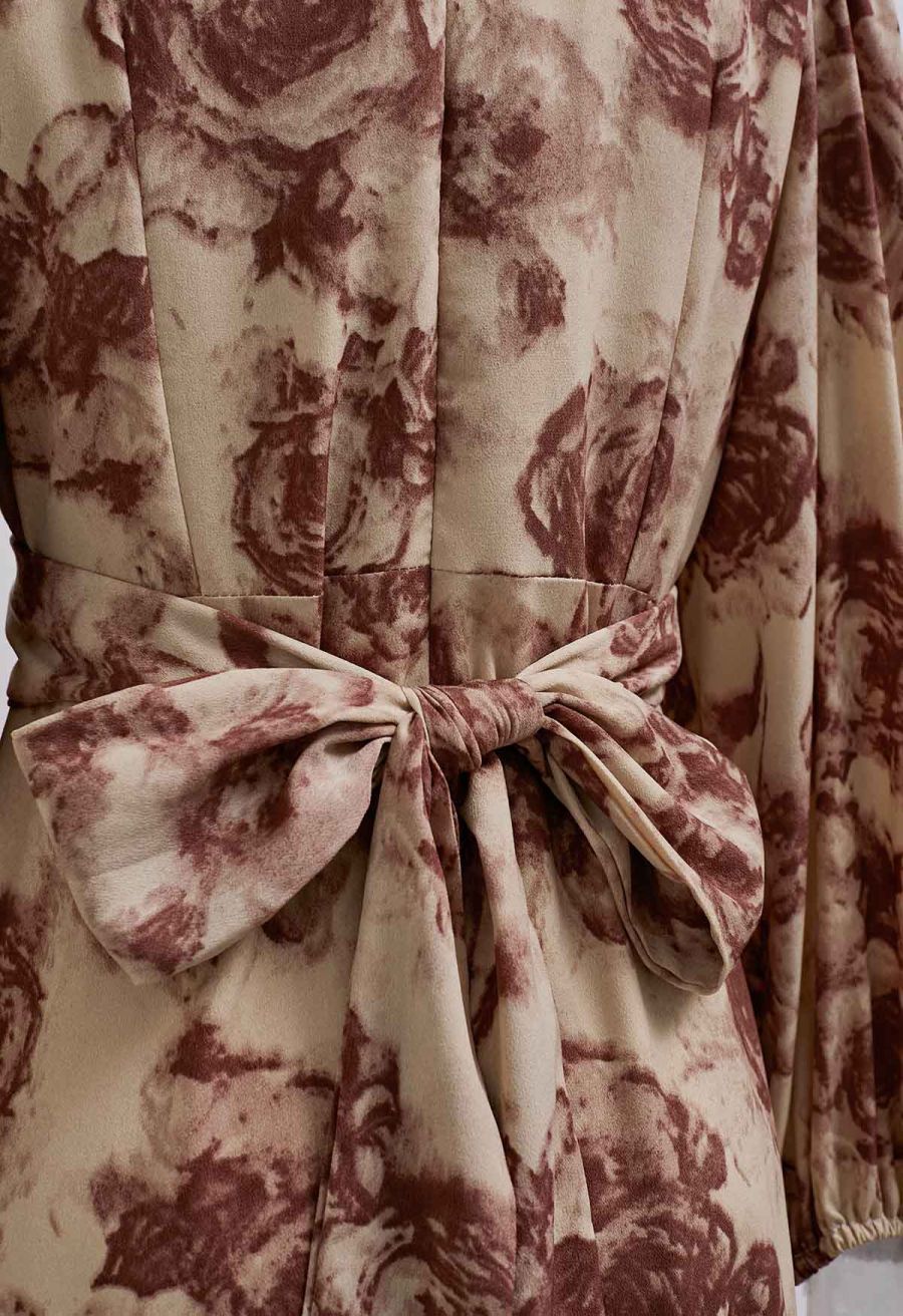 Rose Printed Self-Tie Knot Midi Dress