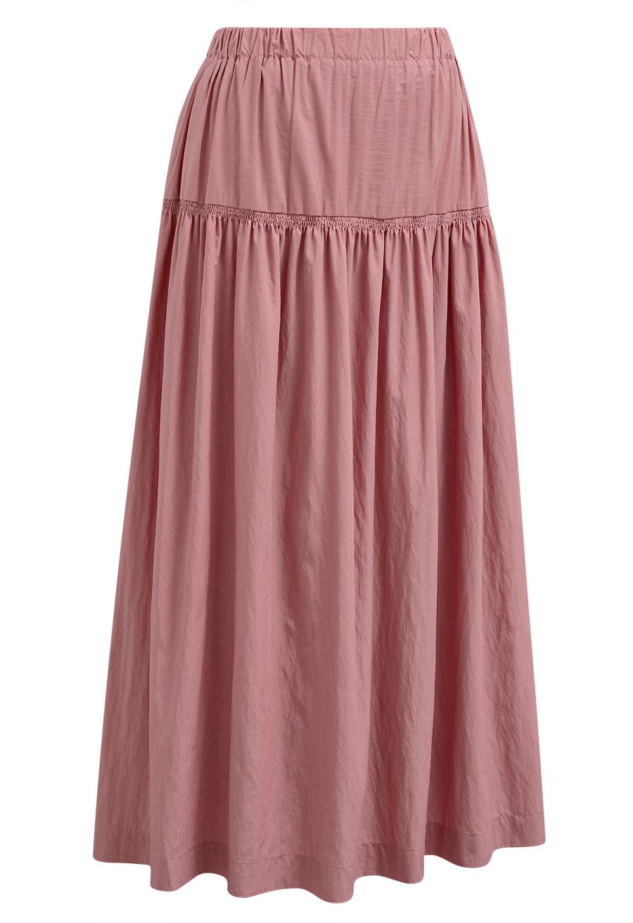 Soft Grace Shirred Flowy Midi Skirt in Peach