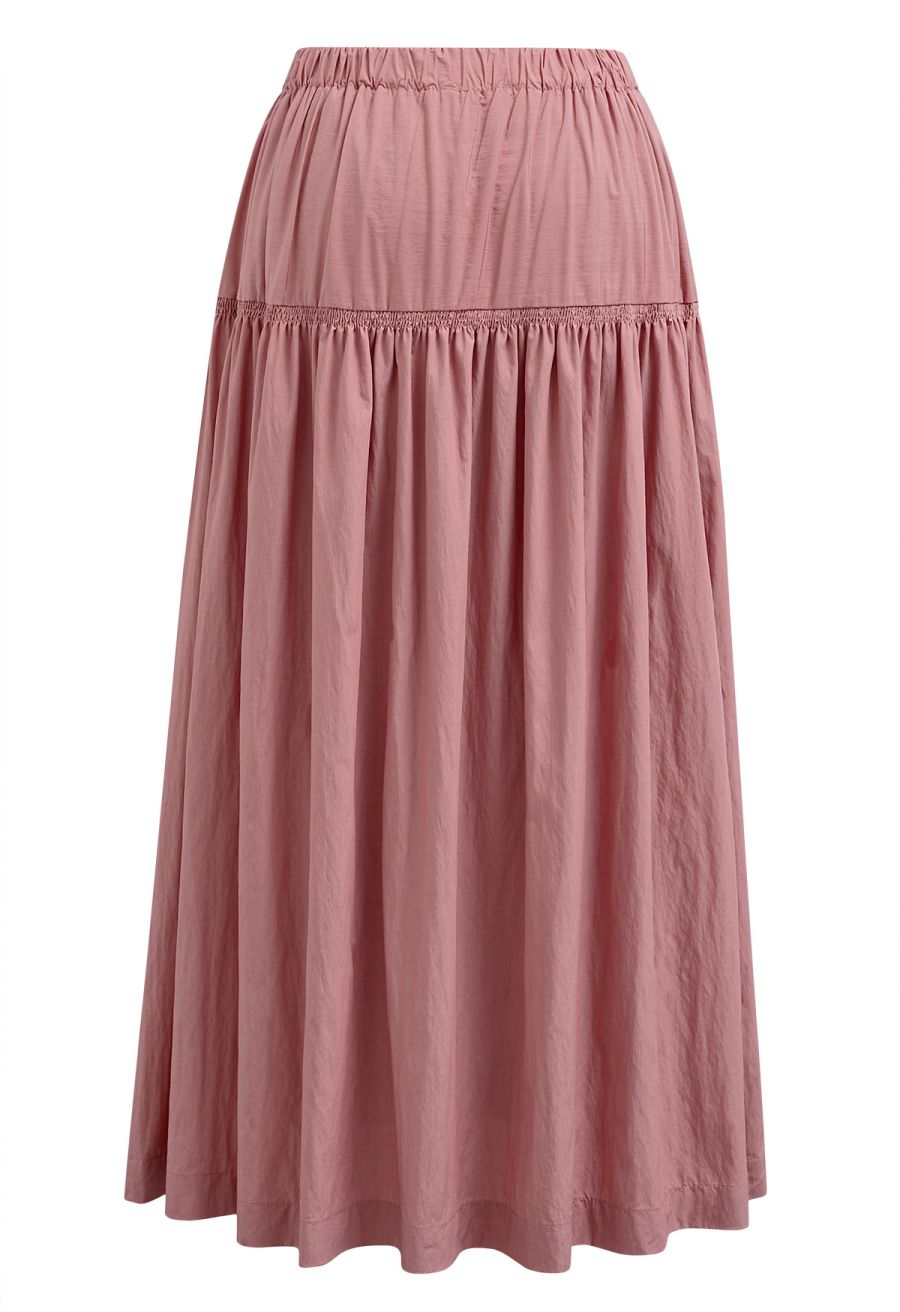 Soft Grace Shirred Flowy Midi Skirt in Peach