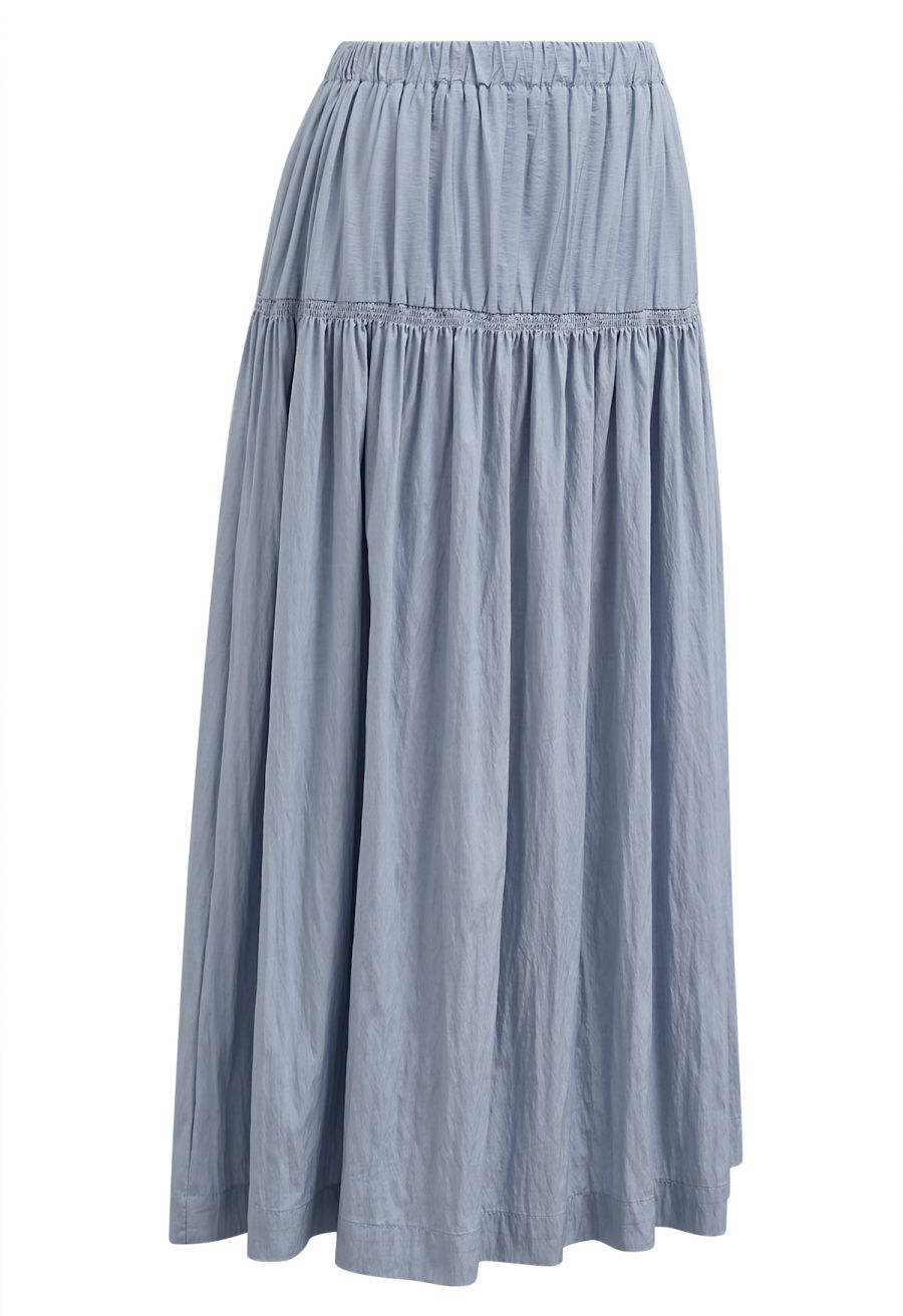 Soft Grace Shirred Flowy Midi Skirt in Blue