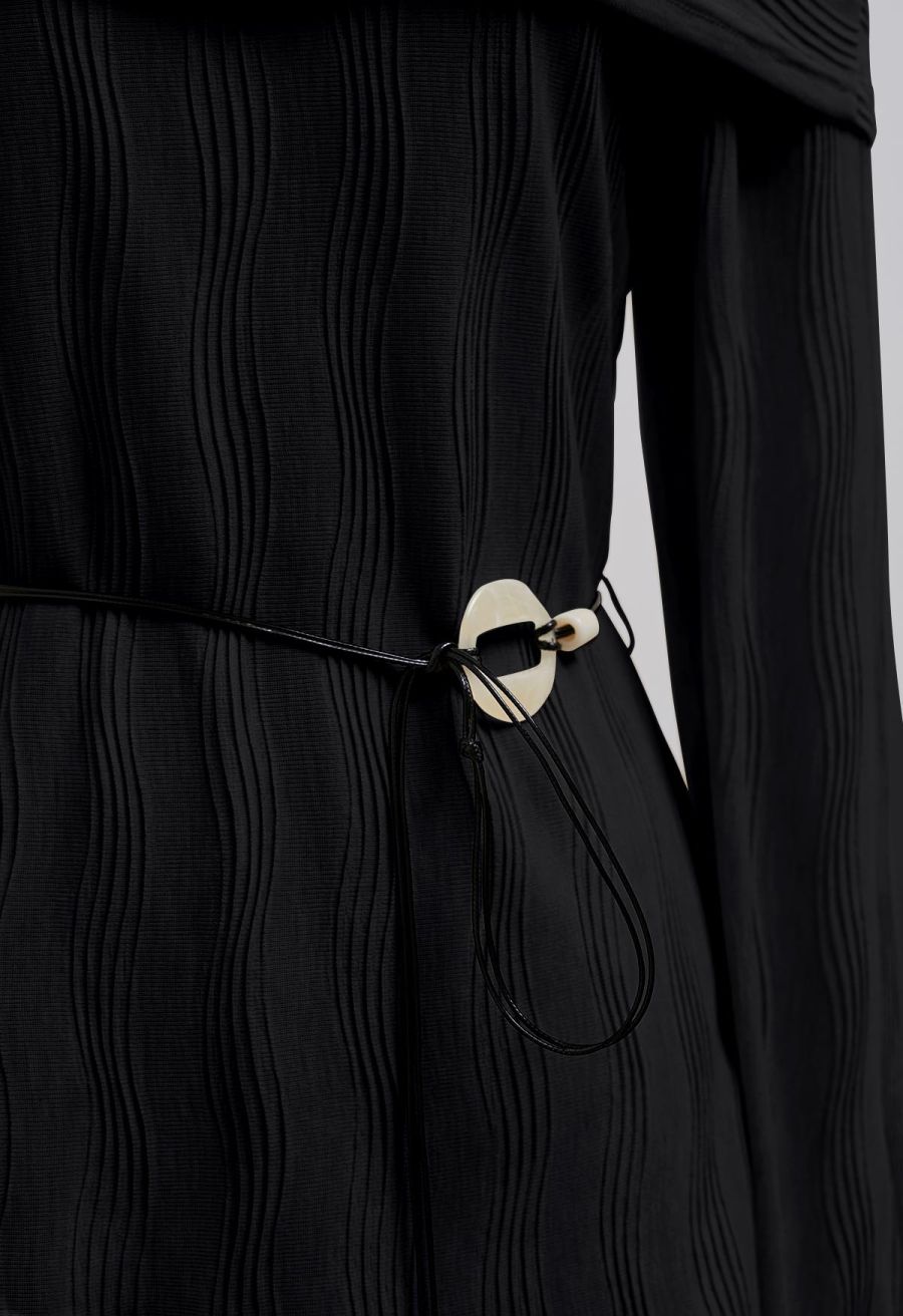 Flap Off-Shoulder Tie-Waist Asymmetric Knit Top in Black