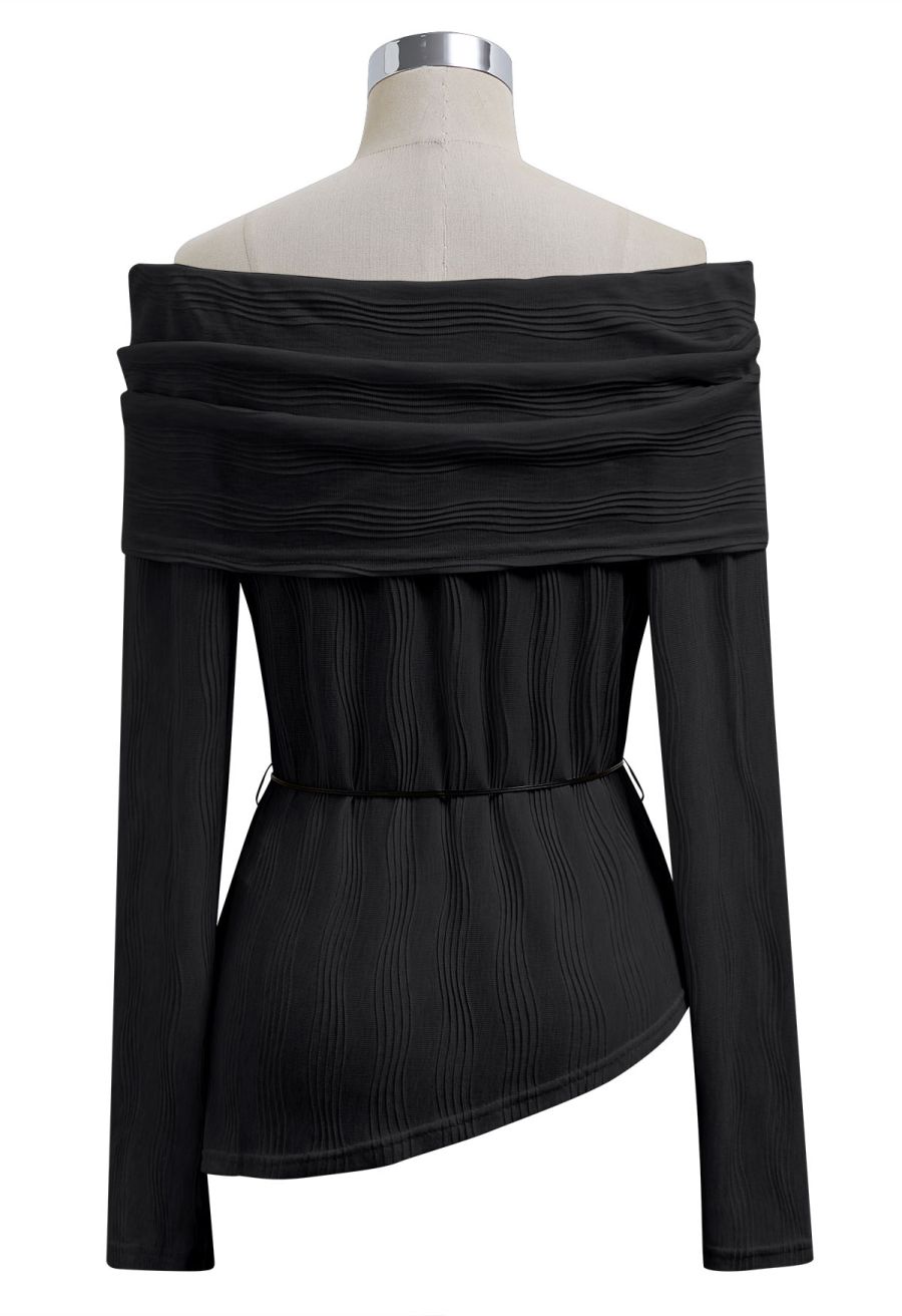 Flap Off-Shoulder Tie-Waist Asymmetric Knit Top in Black
