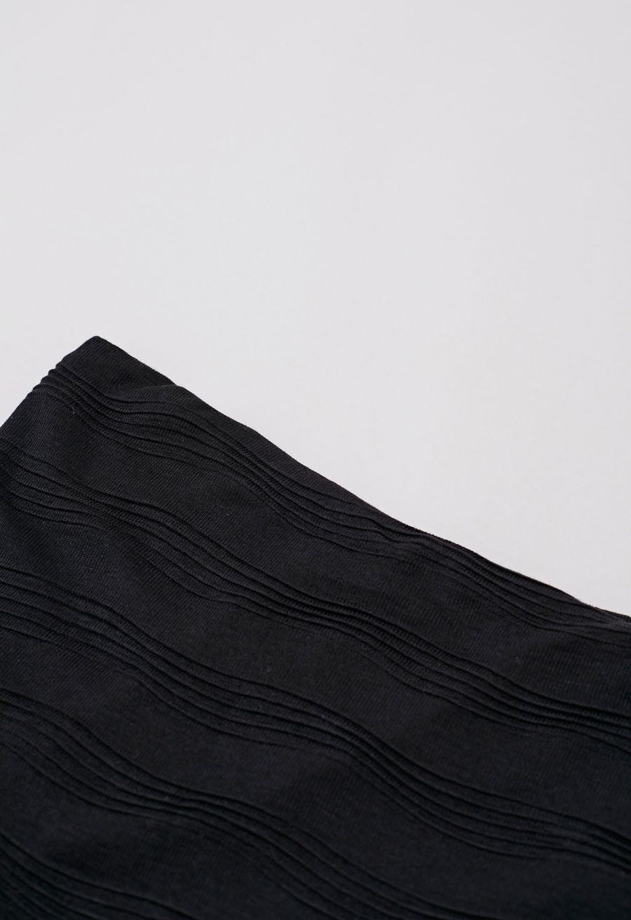 Flap Off-Shoulder Tie-Waist Asymmetric Knit Top in Black