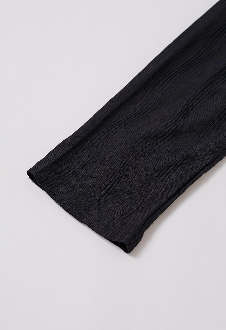 Flap Off-Shoulder Tie-Waist Asymmetric Knit Top in Black