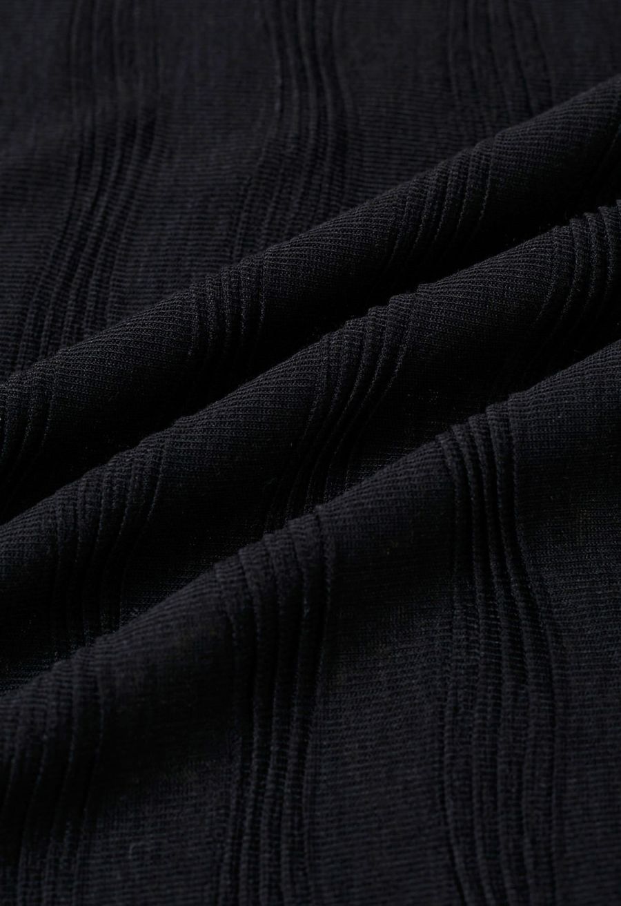 Flap Off-Shoulder Tie-Waist Asymmetric Knit Top in Black