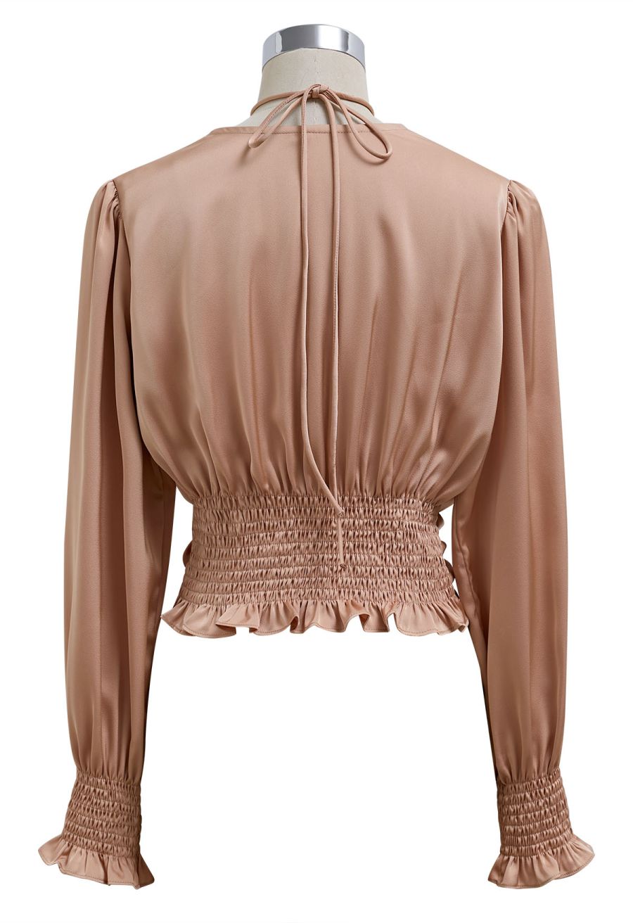 Rose Choker Twisted Shirred Top in Coral