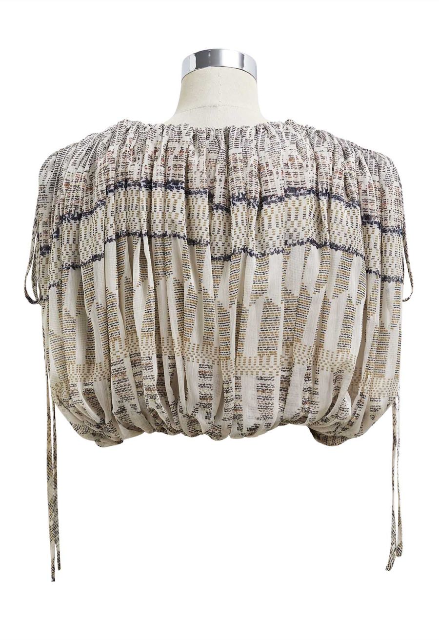 Tropical Printed Drawstring Crop Chiffon Top