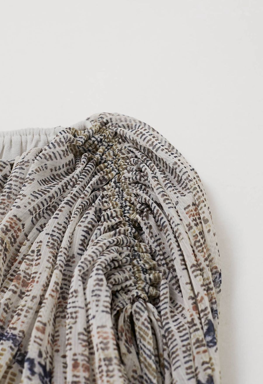 Tropical Printed Drawstring Crop Chiffon Top