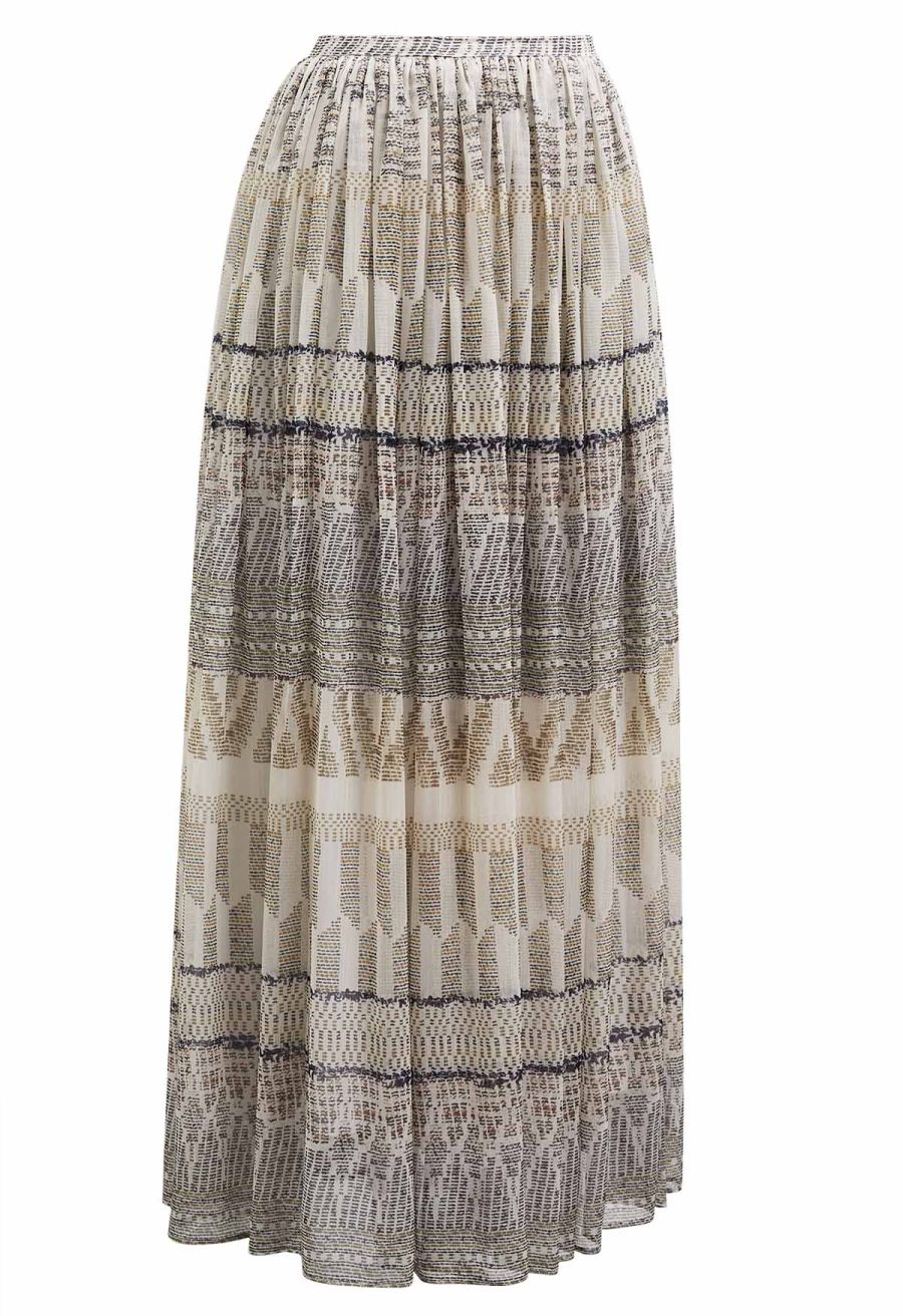 Tropical Printed Pleated Chiffon Maxi Skirt