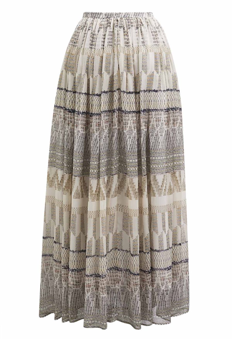 Tropical Printed Pleated Chiffon Maxi Skirt