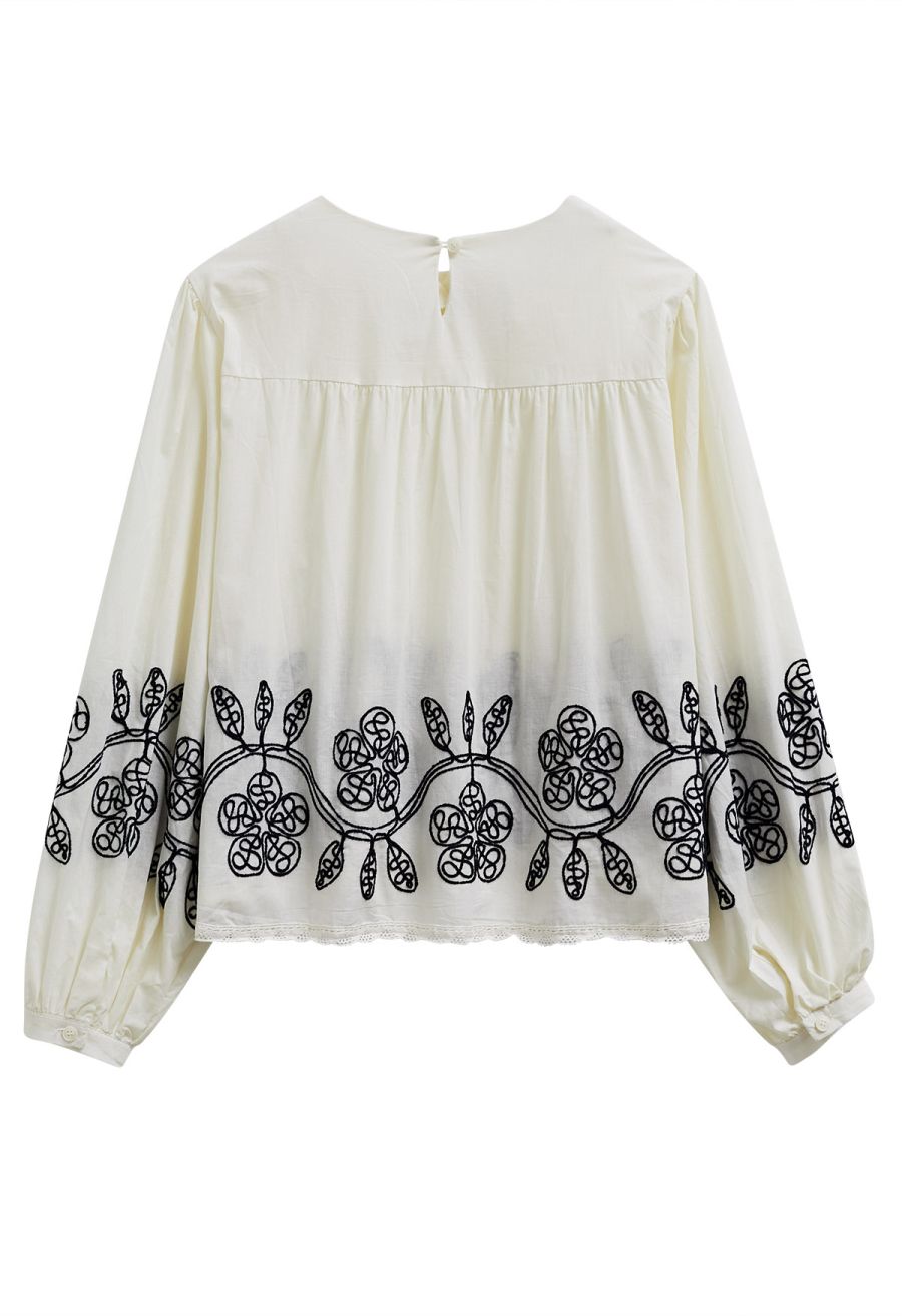 Crew Neck Floral Embroidered Puff Sleeve Top