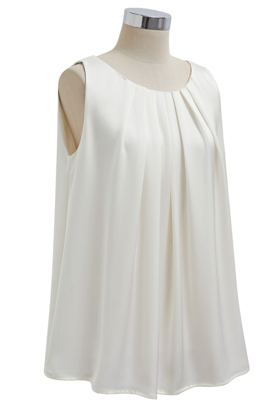 Pleated Feature Satin Sleeveless Top in Ivory