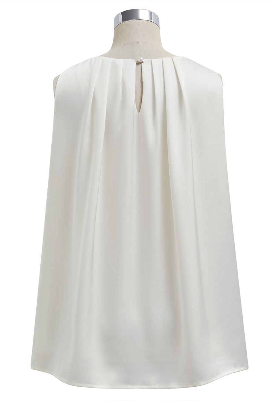 Pleated Feature Satin Sleeveless Top in Ivory