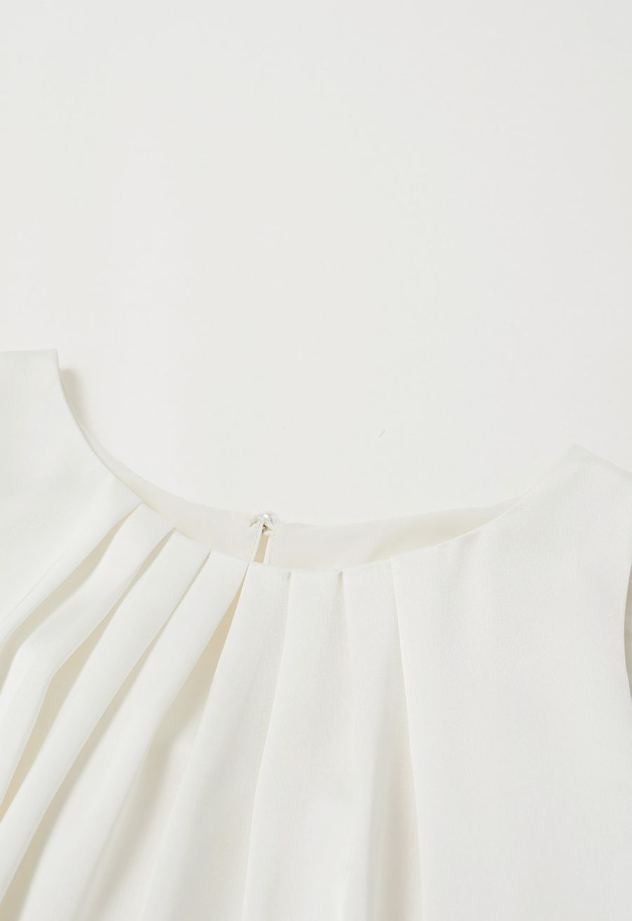 Pleated Feature Satin Sleeveless Top in Ivory