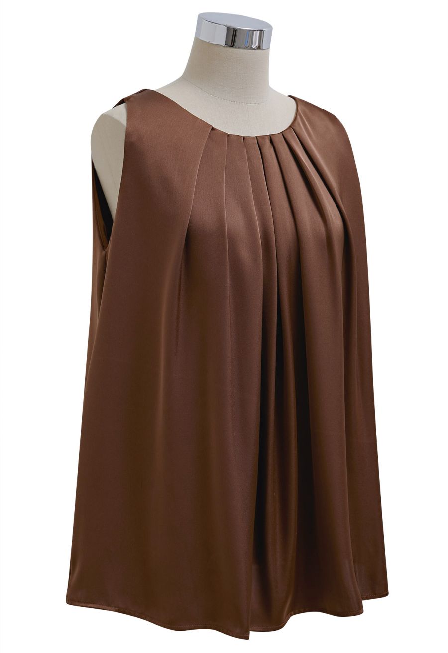 Pleated Feature Satin Sleeveless Top in Brown