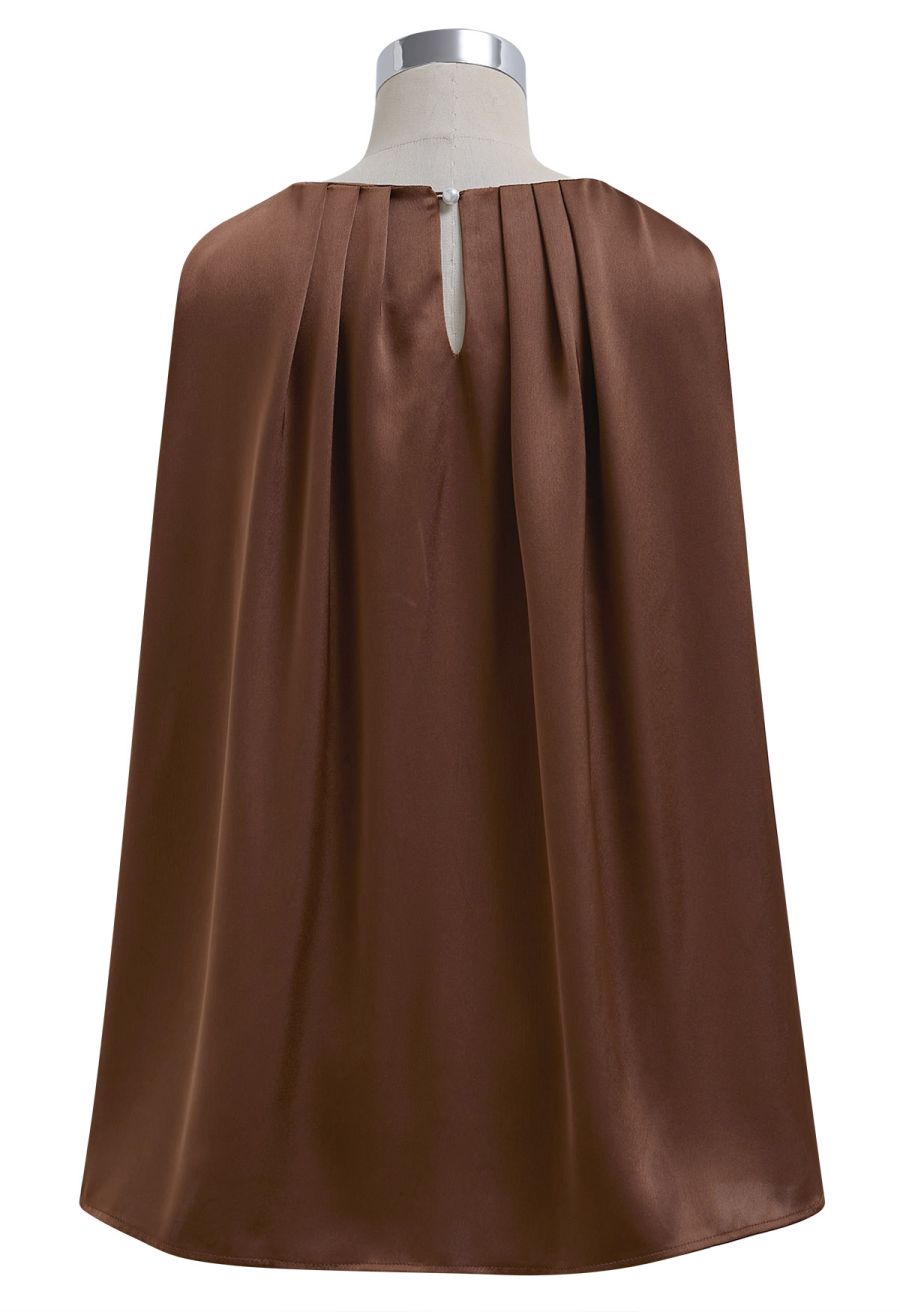 Pleated Feature Satin Sleeveless Top in Brown