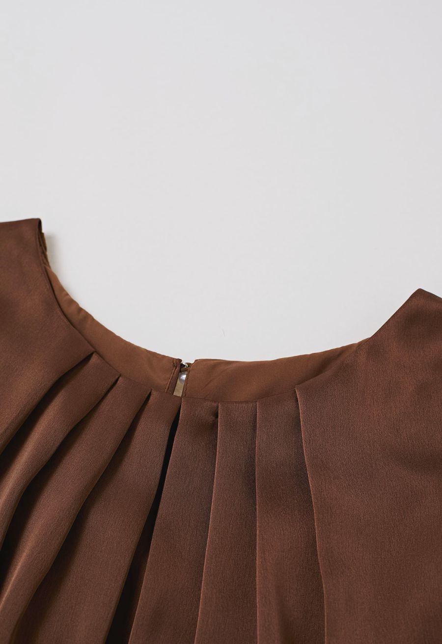 Pleated Feature Satin Sleeveless Top in Brown