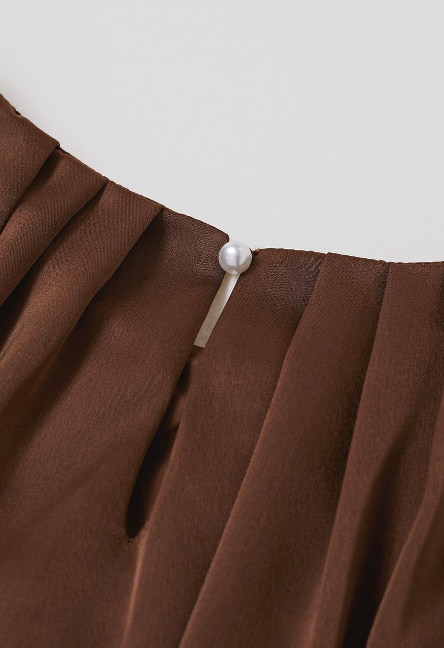 Pleated Feature Satin Sleeveless Top in Brown