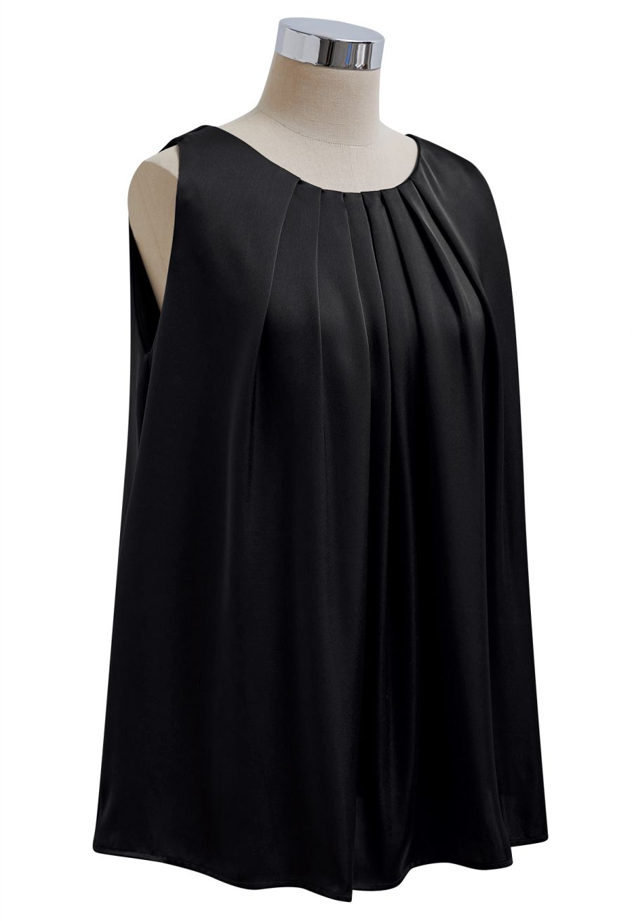 Pleated Feature Satin Sleeveless Top in Black