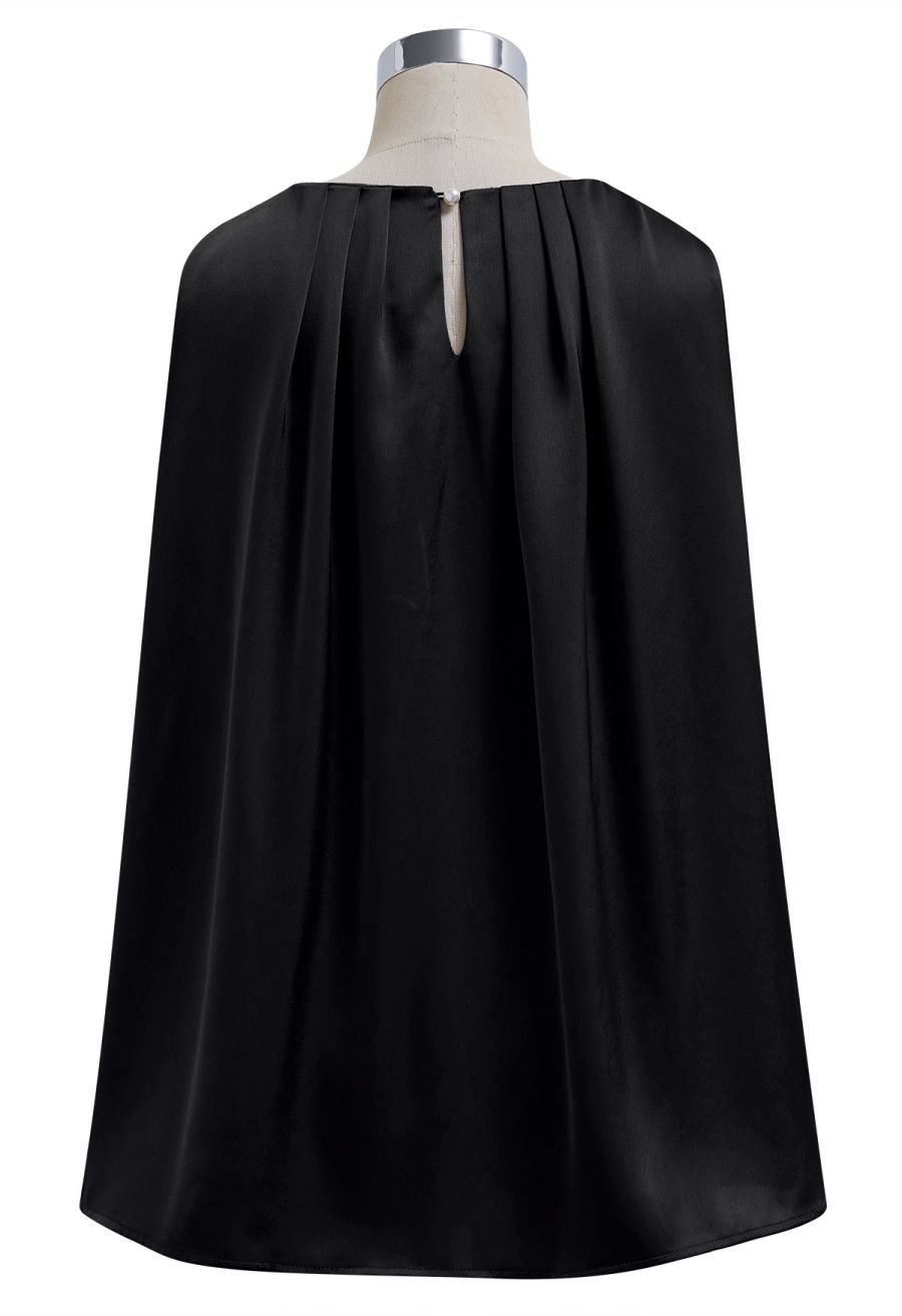 Pleated Feature Satin Sleeveless Top in Black