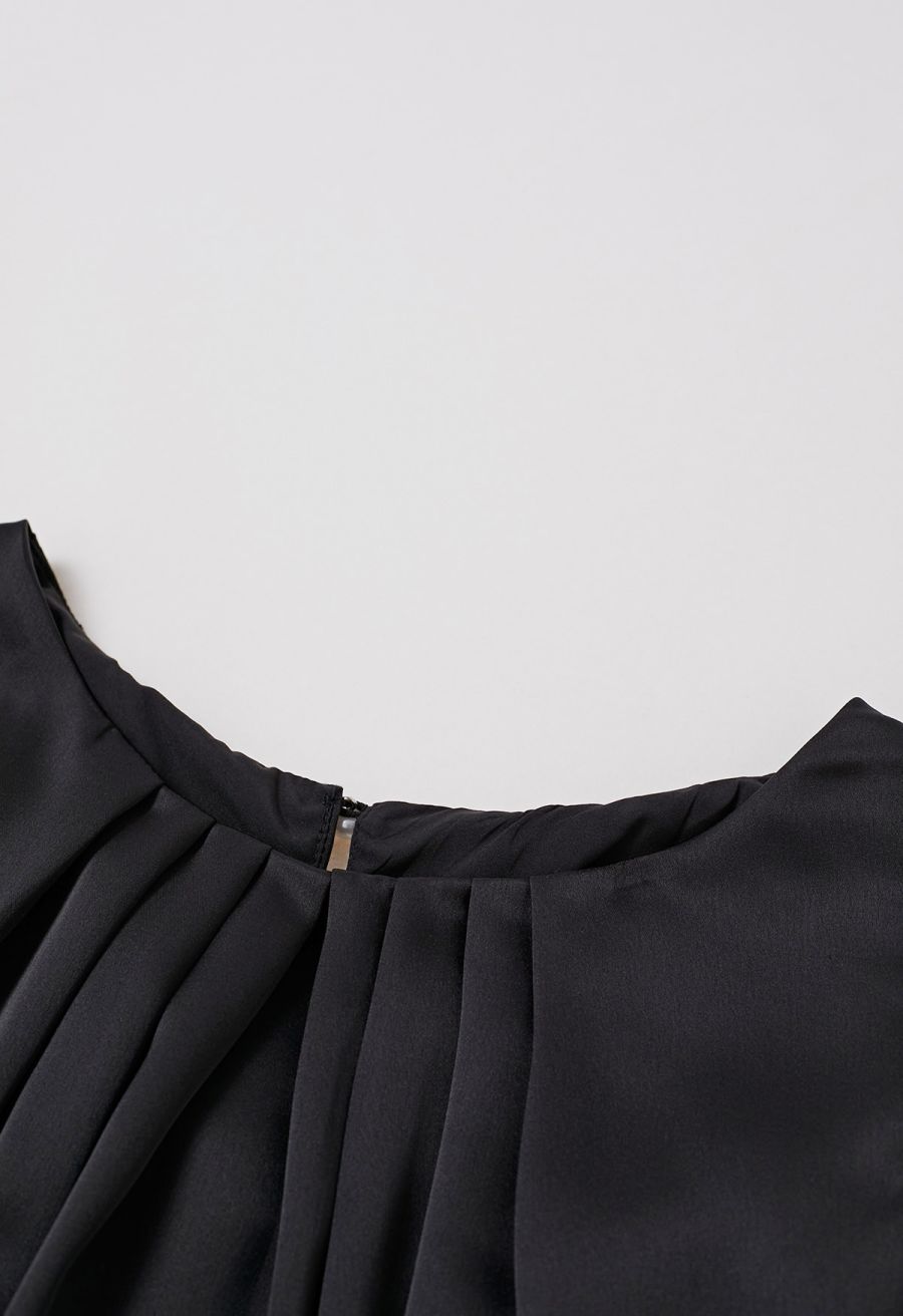 Pleated Feature Satin Sleeveless Top in Black