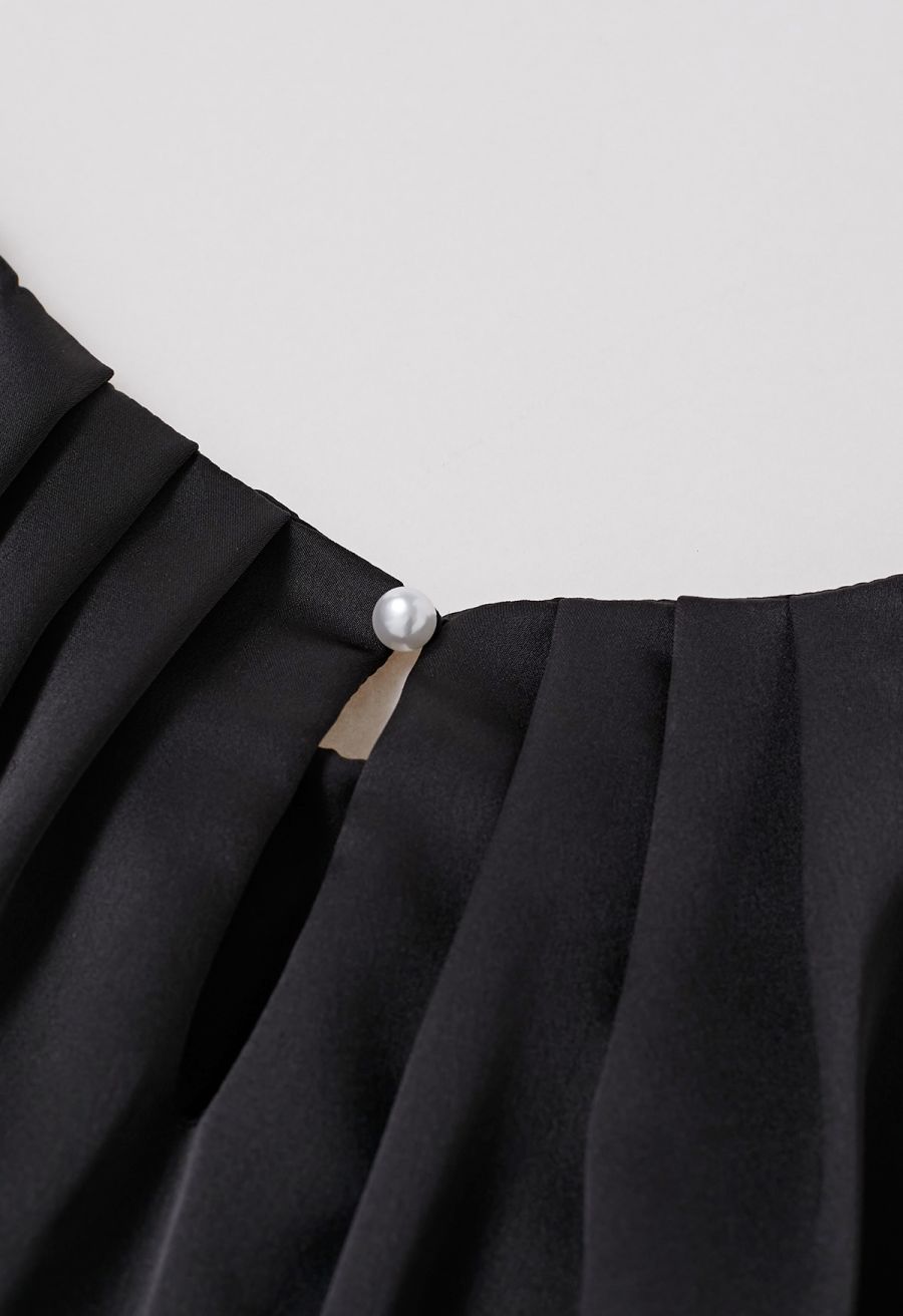 Pleated Feature Satin Sleeveless Top in Black