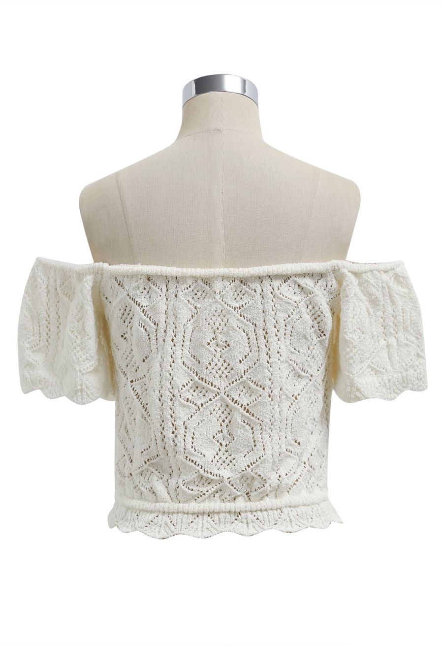 Off-Shoulder Eyelet Knit Crop Top in White