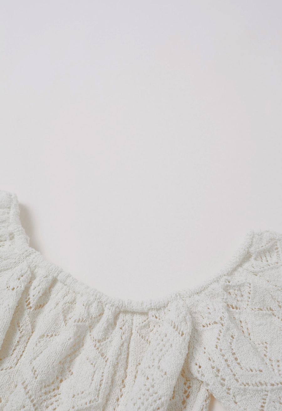 Off-Shoulder Eyelet Knit Crop Top in White