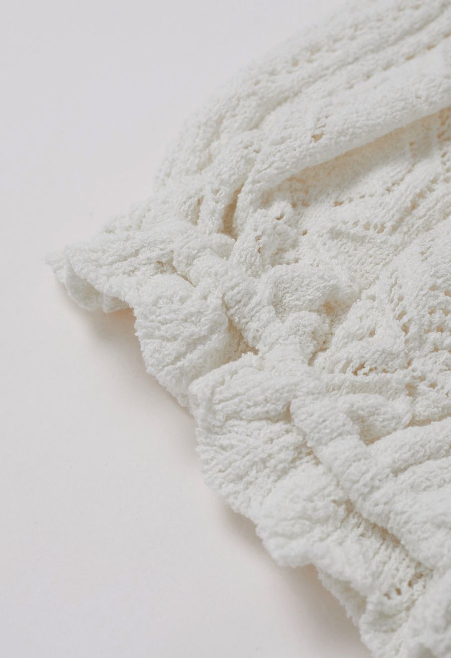 Off-Shoulder Eyelet Knit Crop Top in White