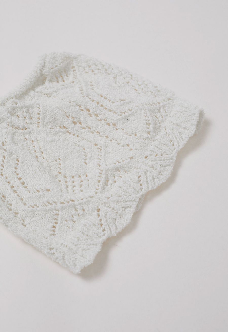 Off-Shoulder Eyelet Knit Crop Top in White