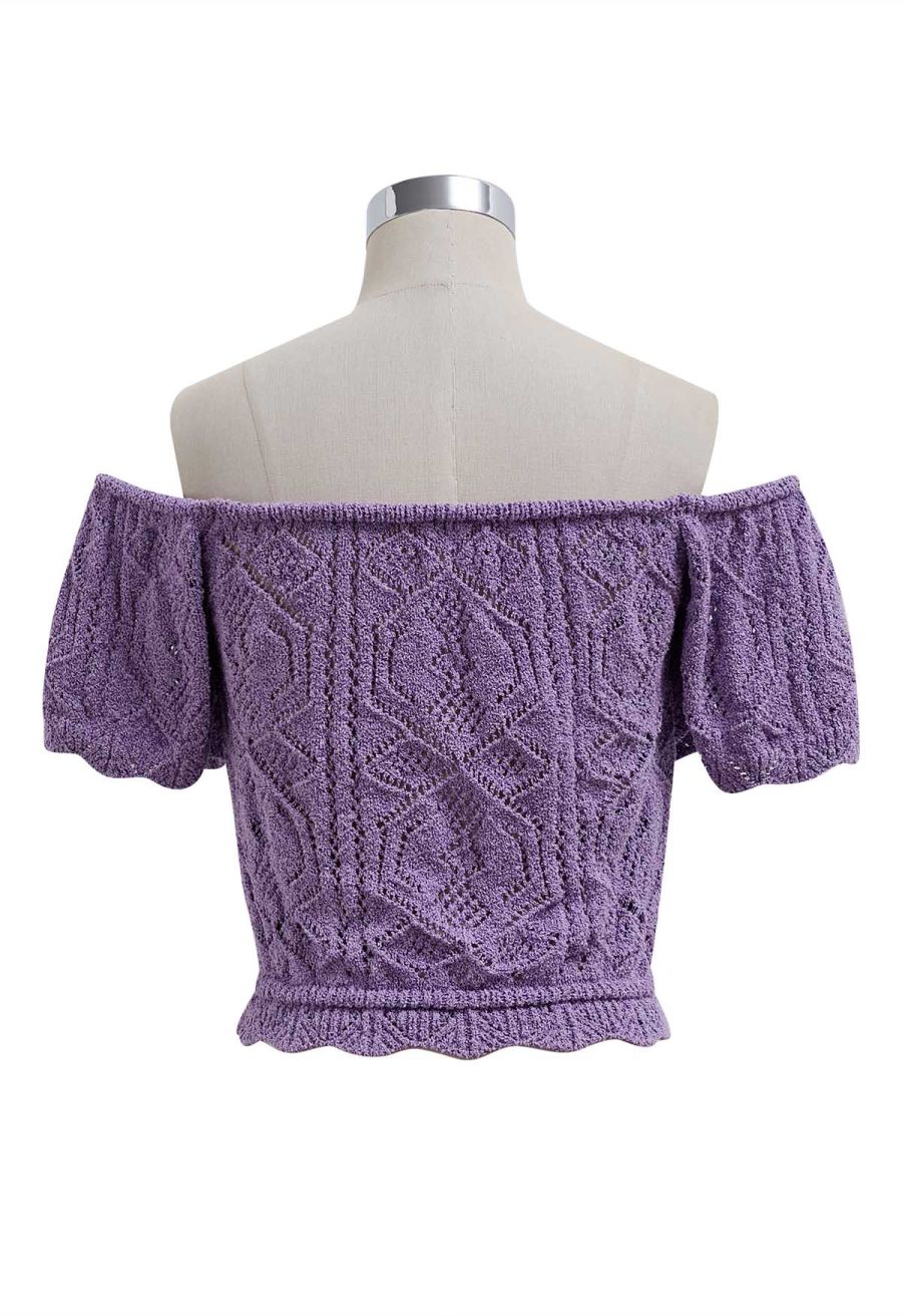 Off-Shoulder Eyelet Knit Crop Top in Lavender