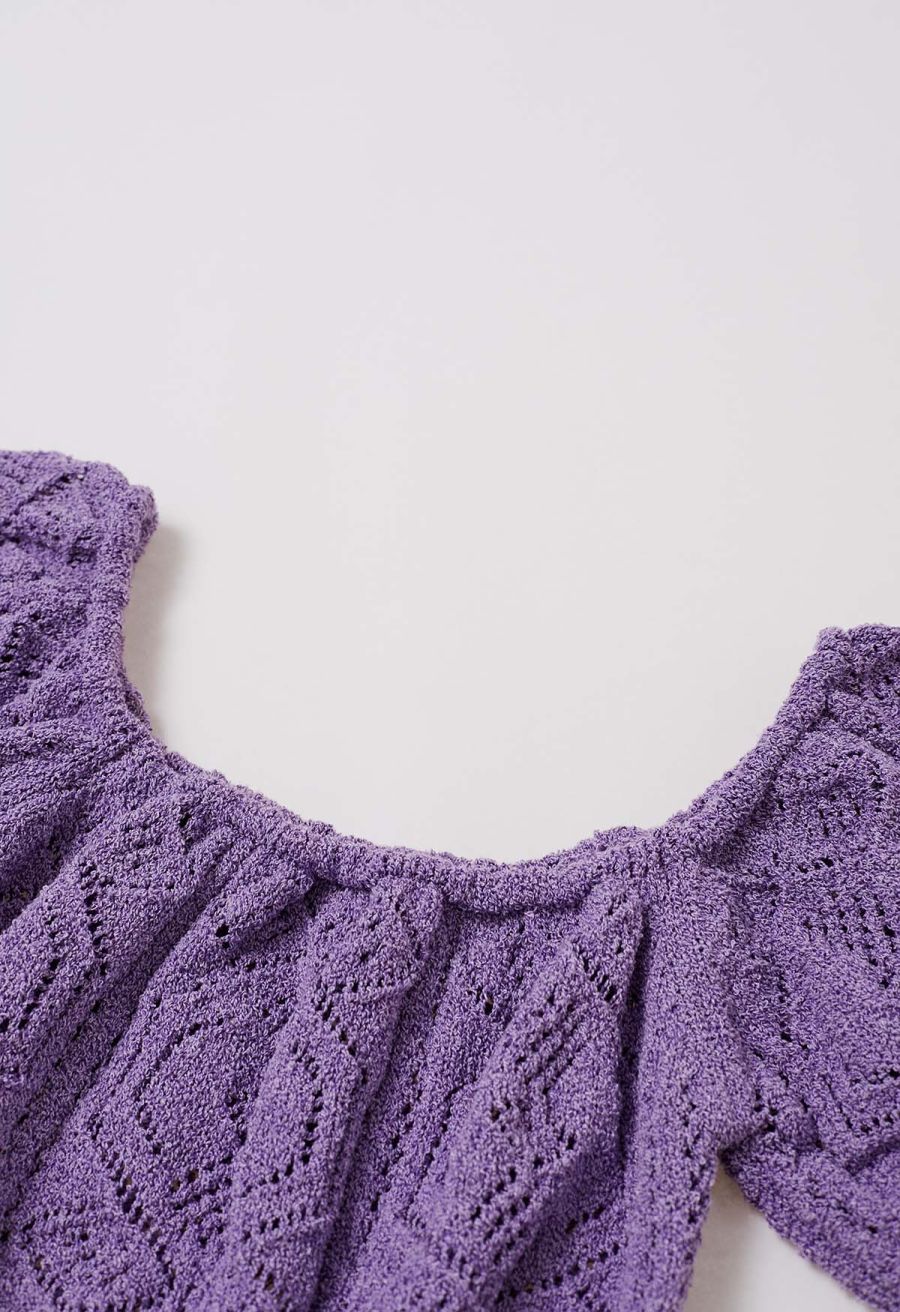 Off-Shoulder Eyelet Knit Crop Top in Lavender