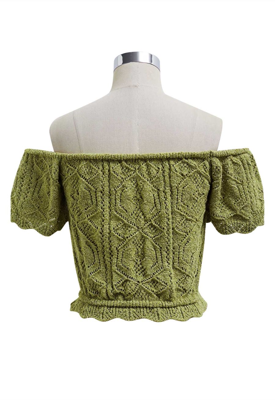 Off-Shoulder Eyelet Knit Crop Top in Green