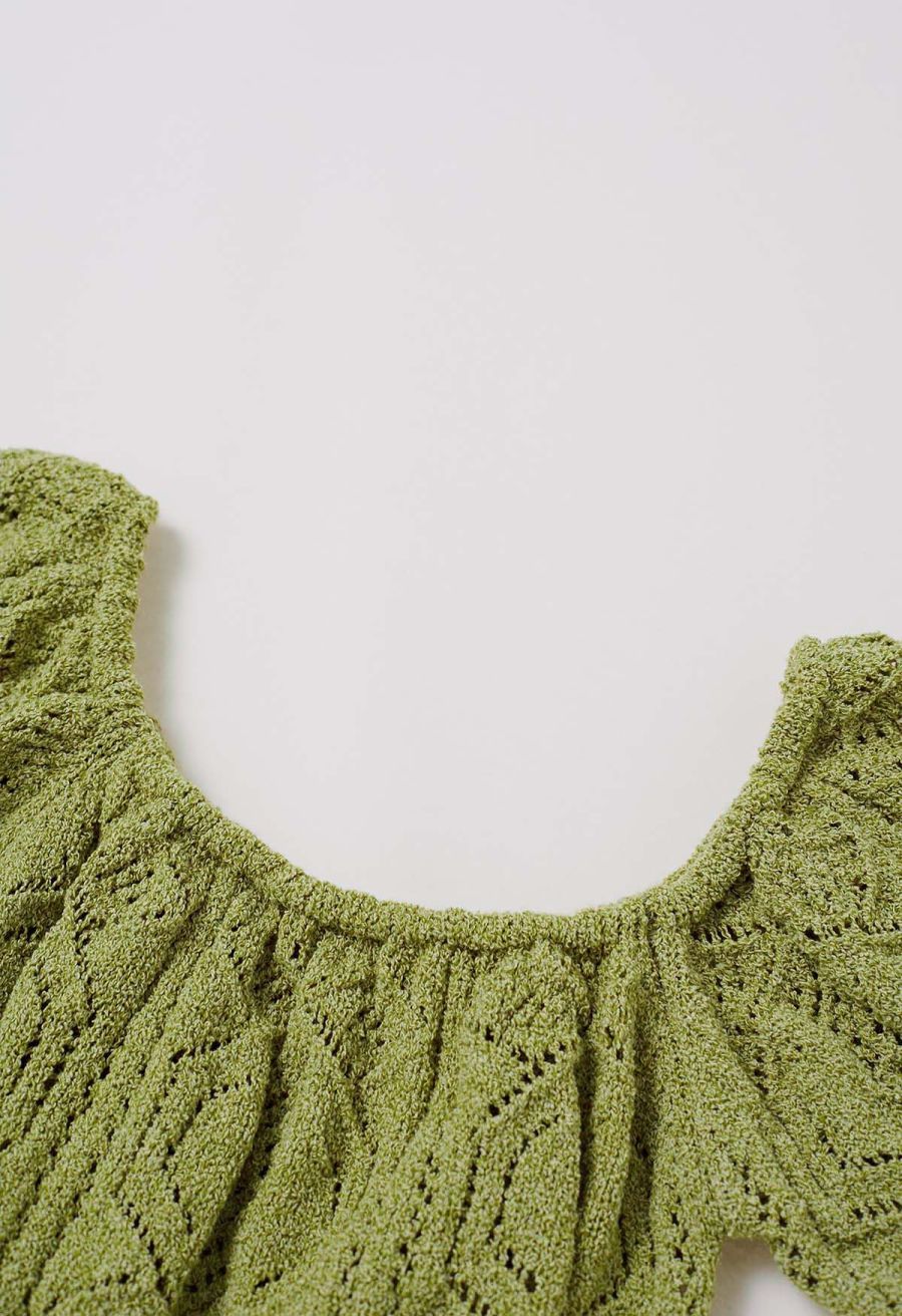 Off-Shoulder Eyelet Knit Crop Top in Green