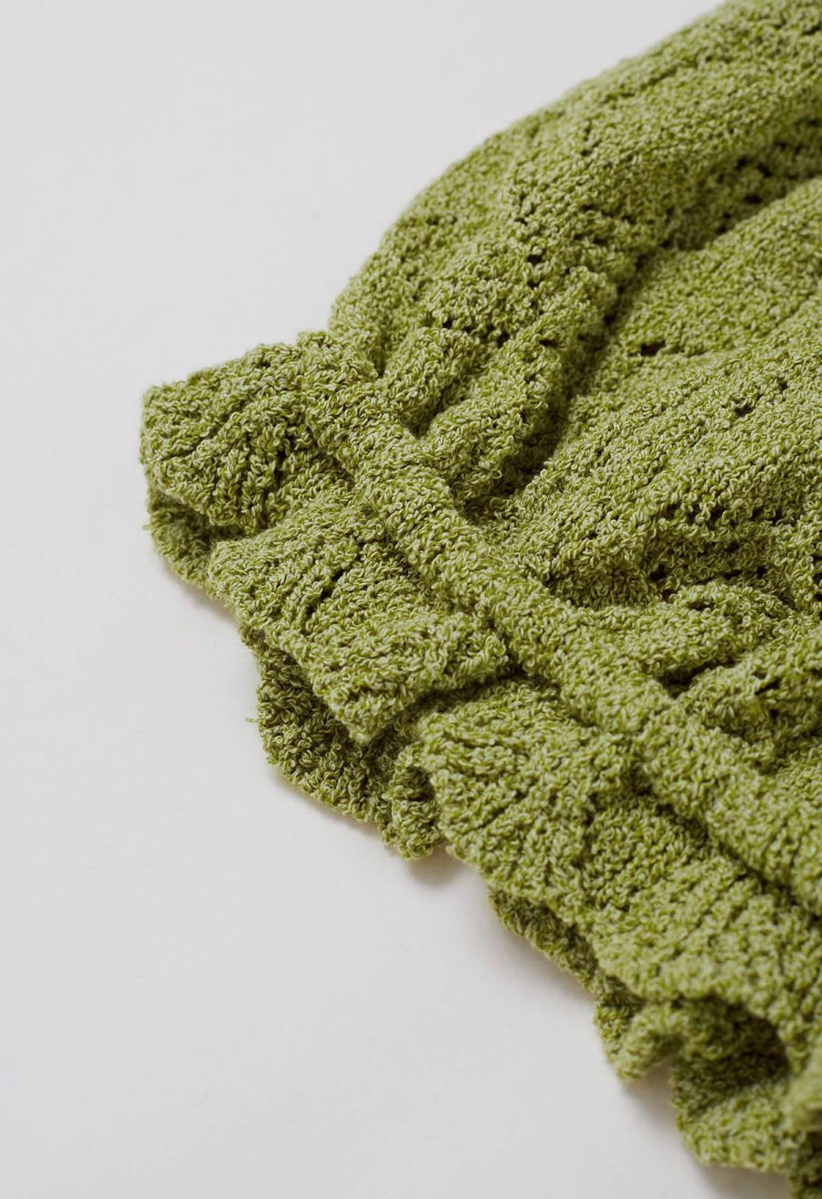 Off-Shoulder Eyelet Knit Crop Top in Green