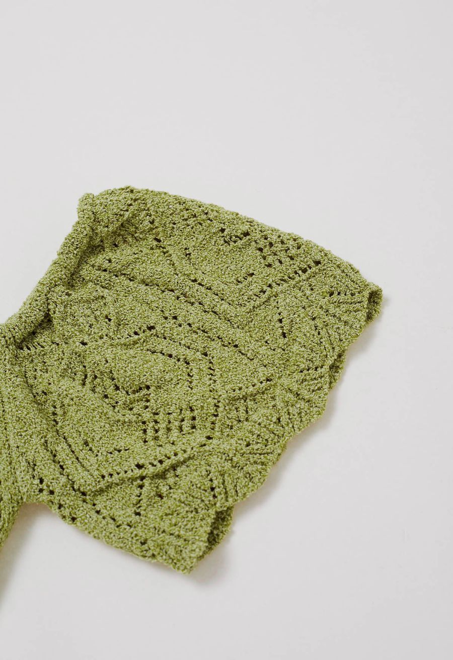 Off-Shoulder Eyelet Knit Crop Top in Green